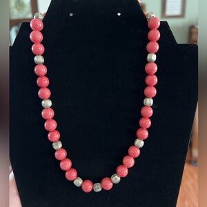 Handmade Coral Beads with Silver Beaded Stations Necklace